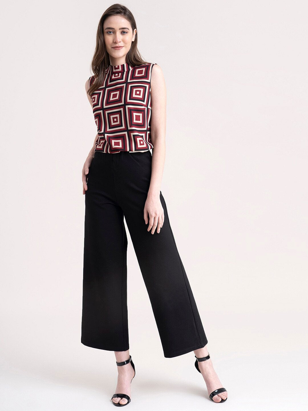 Maroon & Black Geometric Print Top