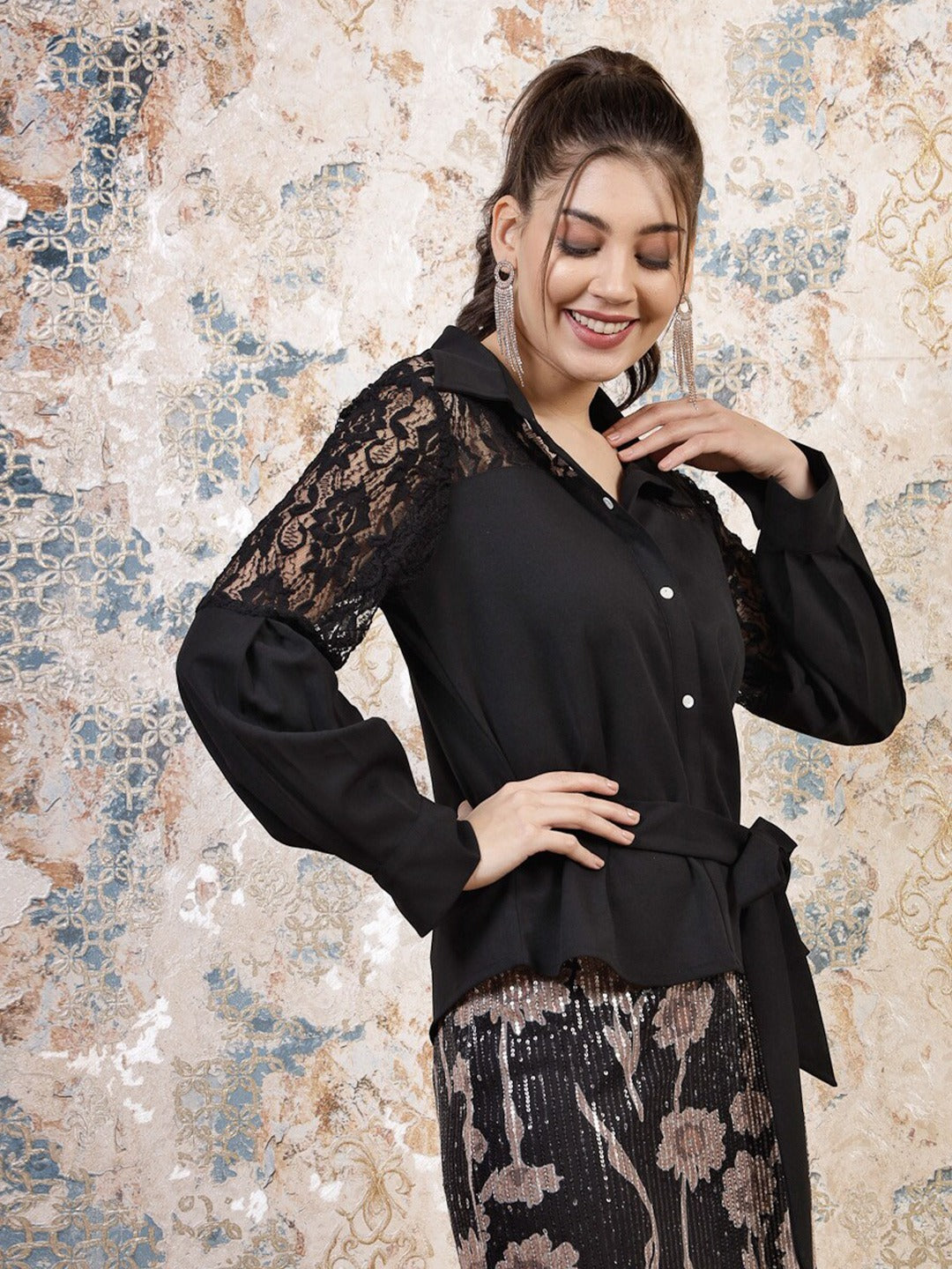 Black Cuffed Sleeves Lace Inserts Shirt Style Top