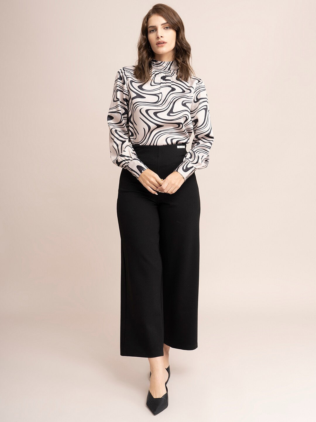 Off White & Grey Print Satin Top