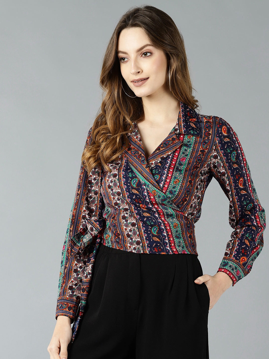 Multicoloured Tropical Print Crepe Wrap Top