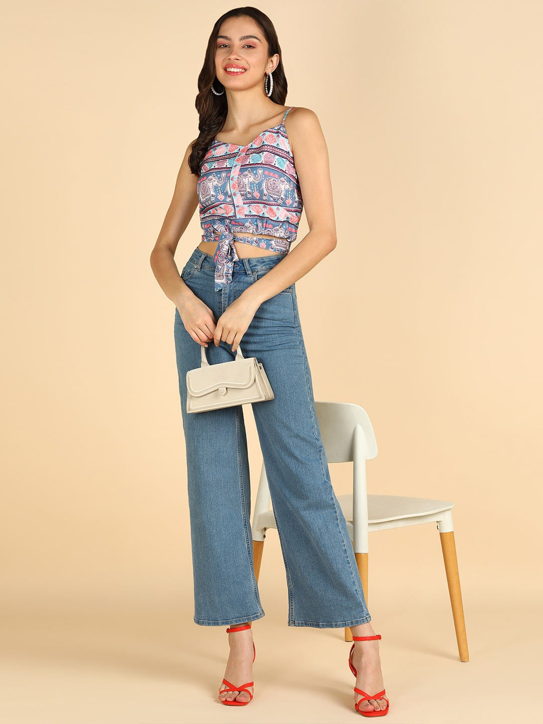 Ethnic Printed Shoulder Straps Waist Tie-ups Crop Top
