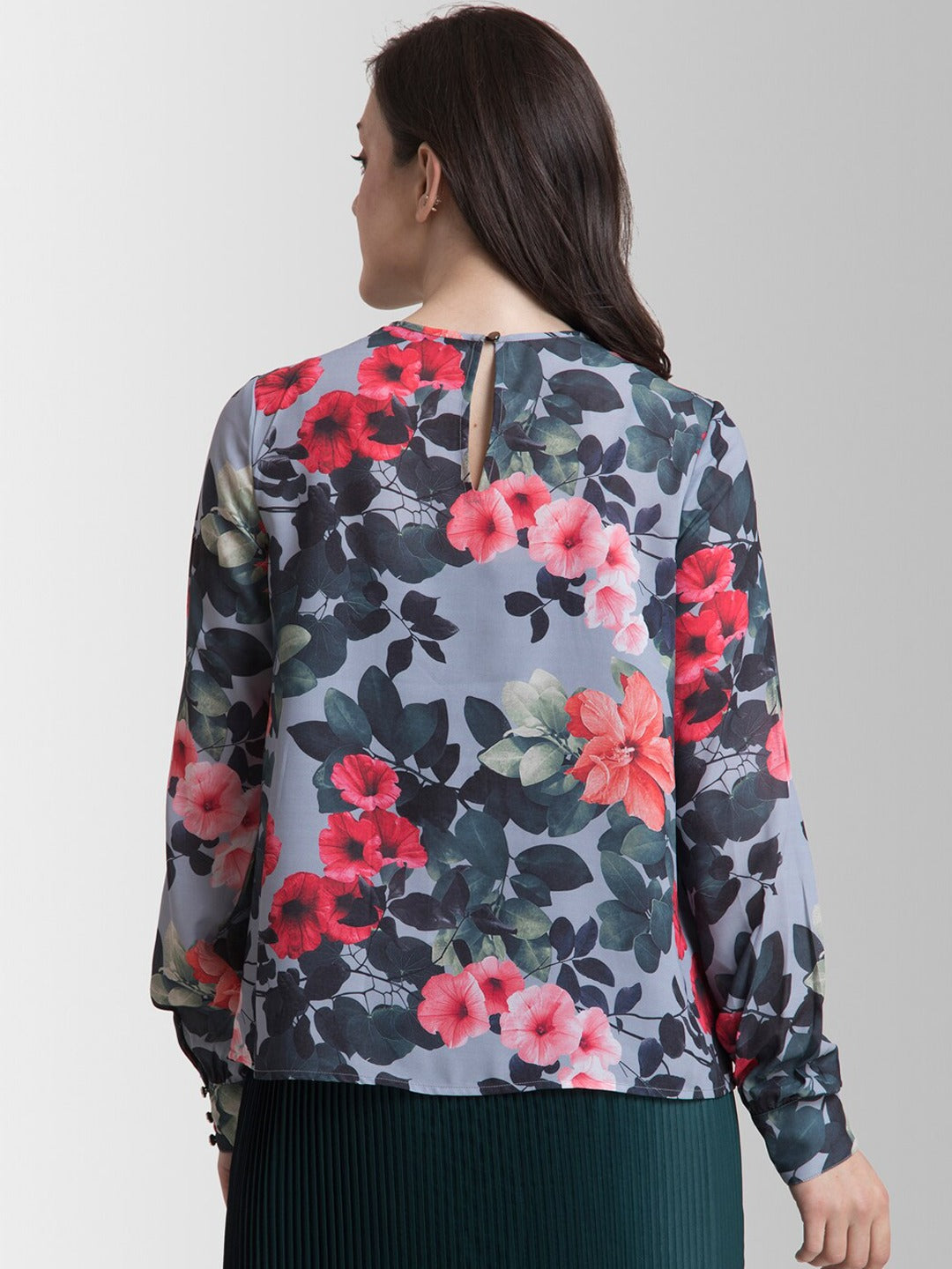 Grey Floral Printed Georgette Regular Top