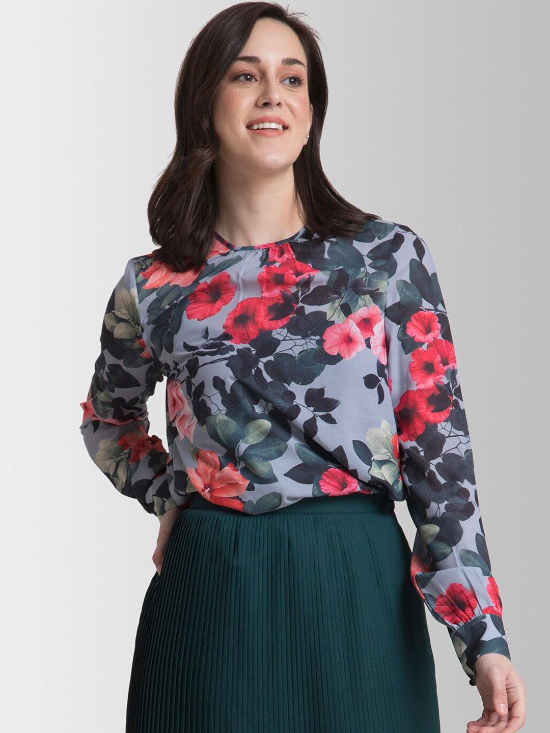 Grey Floral Printed Georgette Regular Top