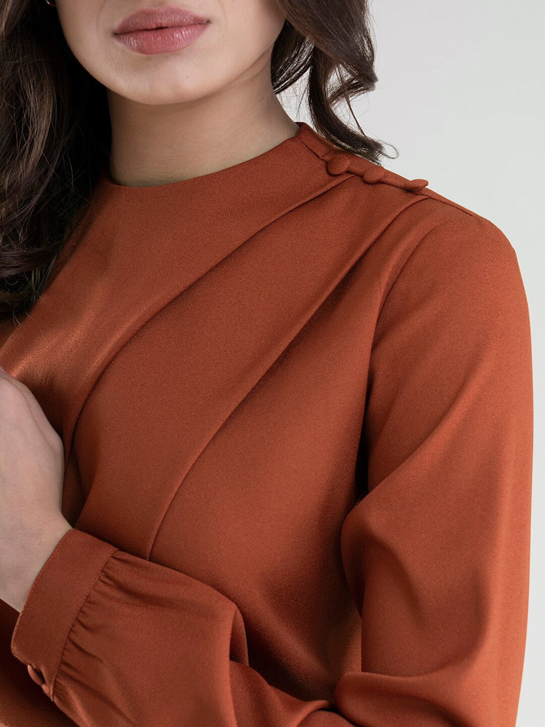 Women Rust Solid High Neck Top