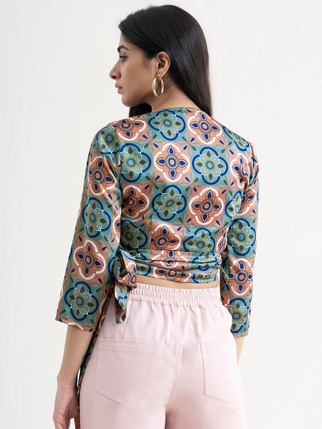 Green Print Satin Wrap Crop Top