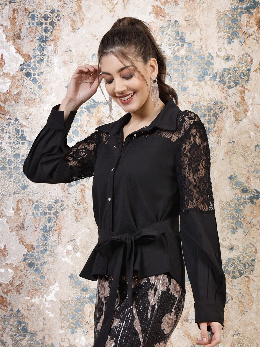 Black Cuffed Sleeves Lace Inserts Shirt Style Top