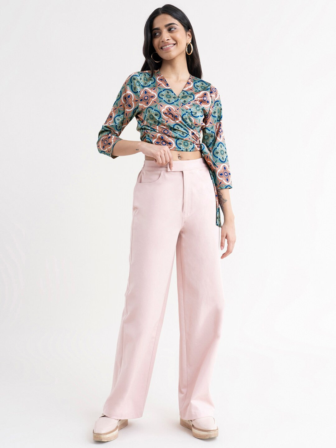 Green Print Satin Wrap Crop Top