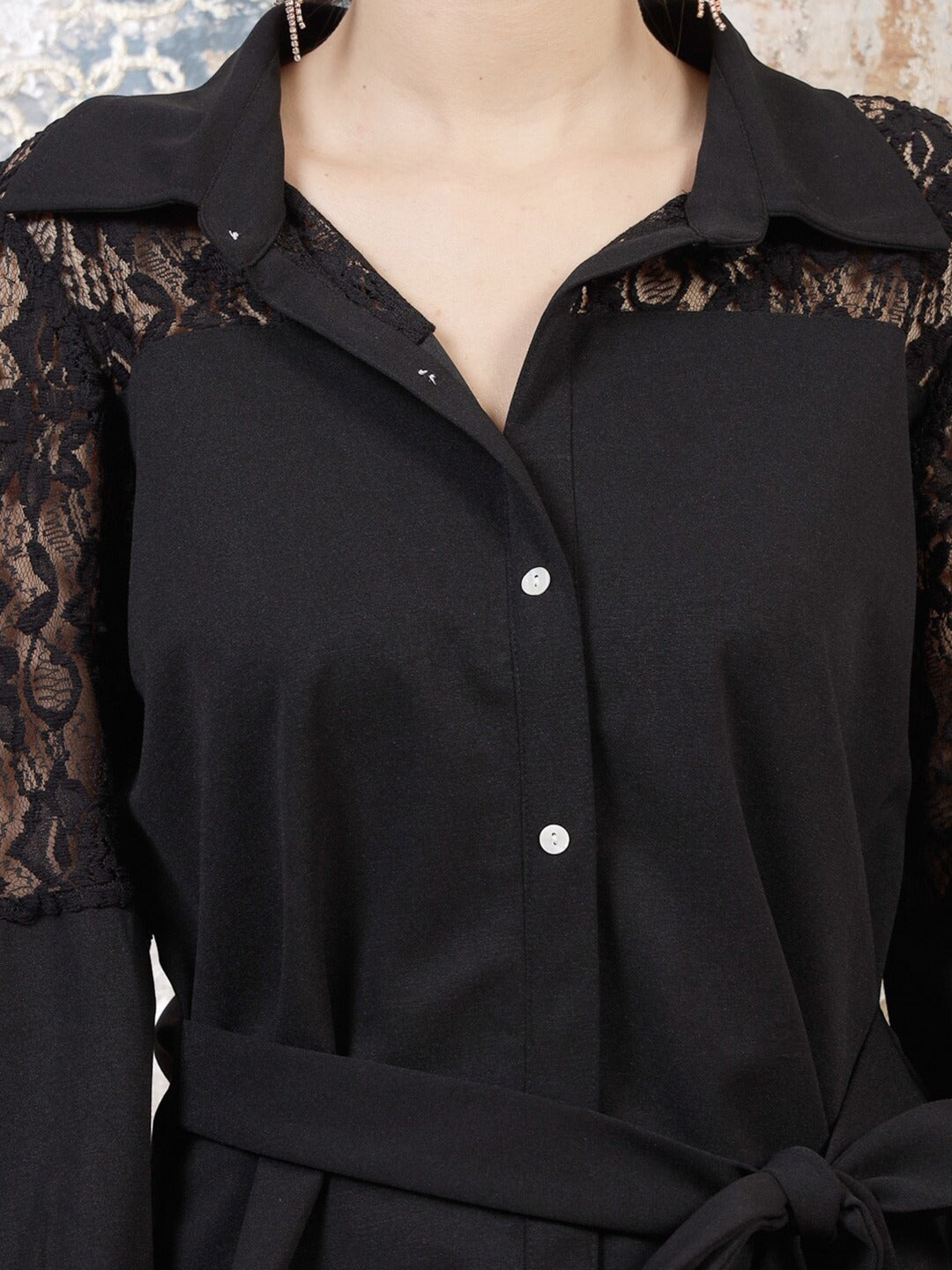 Black Cuffed Sleeves Lace Inserts Shirt Style Top