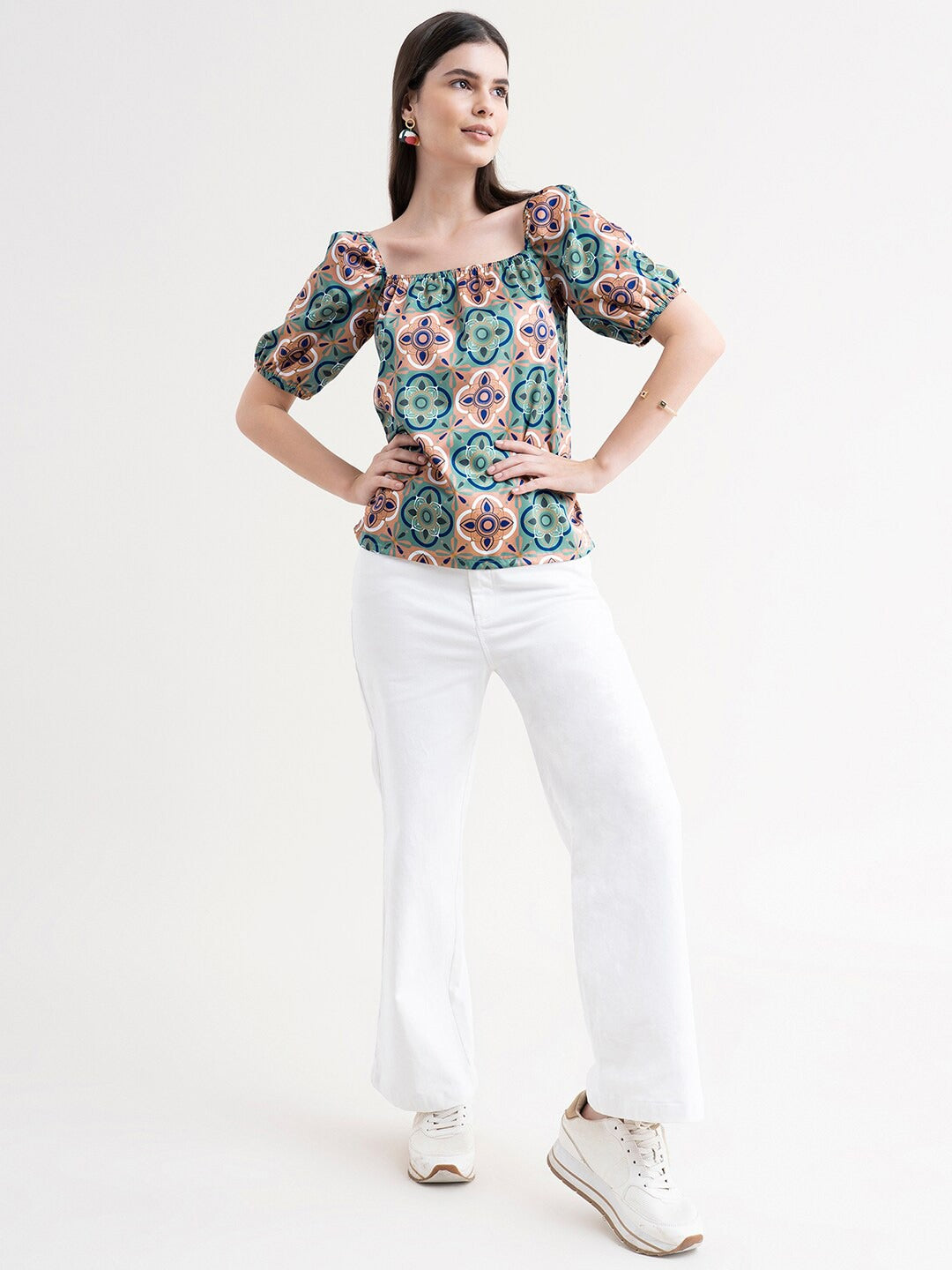 Green Floral Print Satin Top