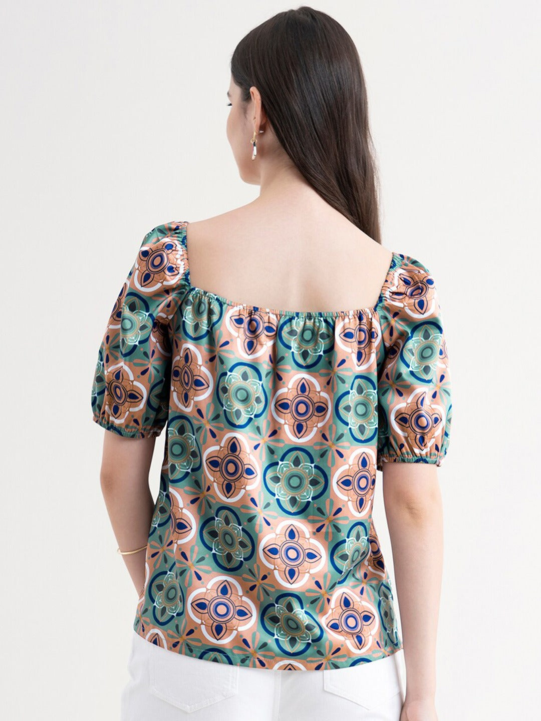 Green Floral Print Satin Top