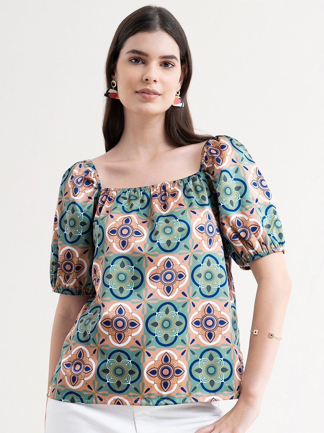 Green Floral Print Satin Top
