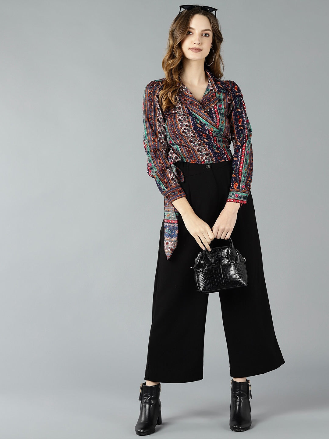 Multicoloured Tropical Print Crepe Wrap Top