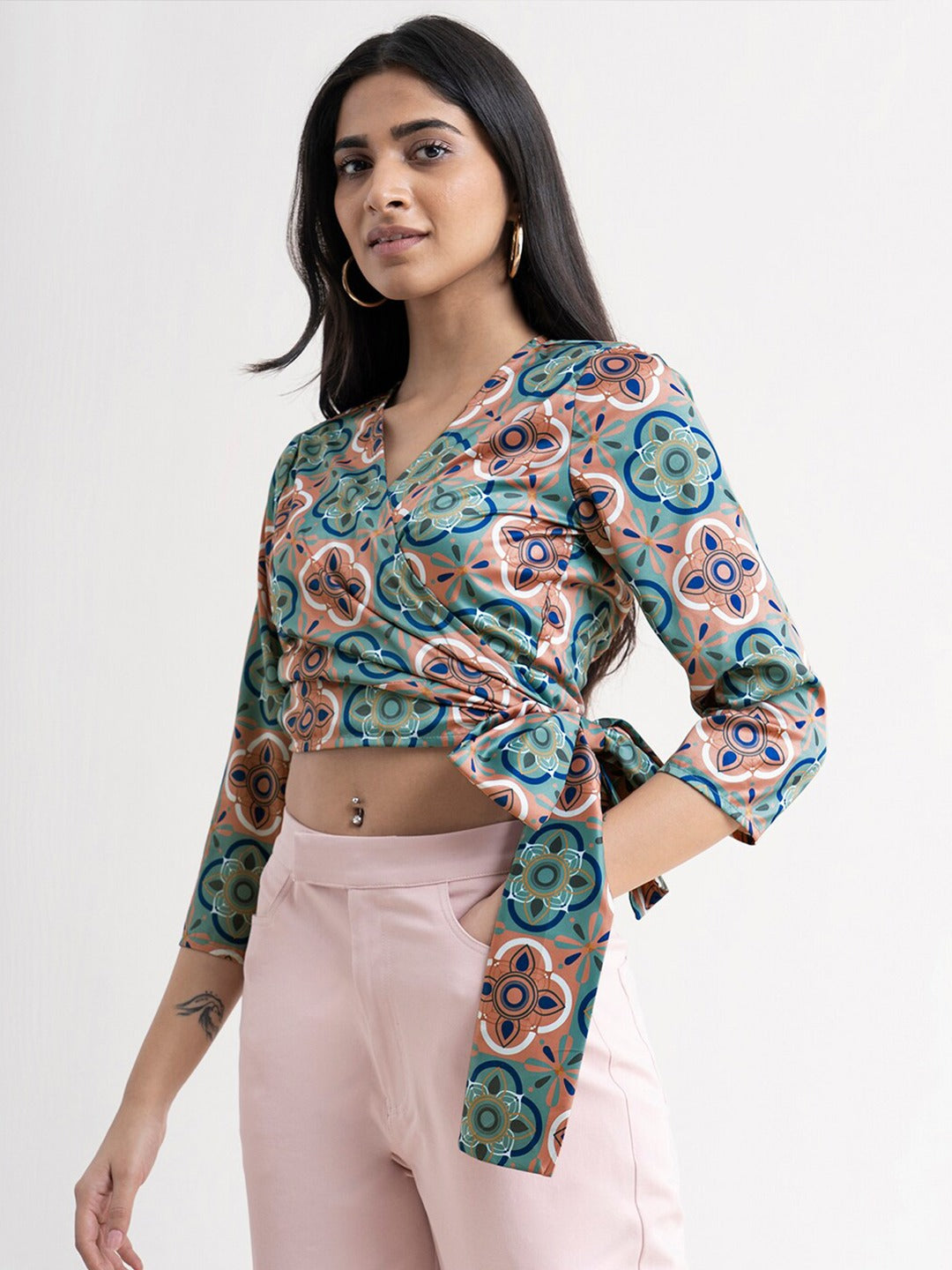 Green Print Satin Wrap Crop Top