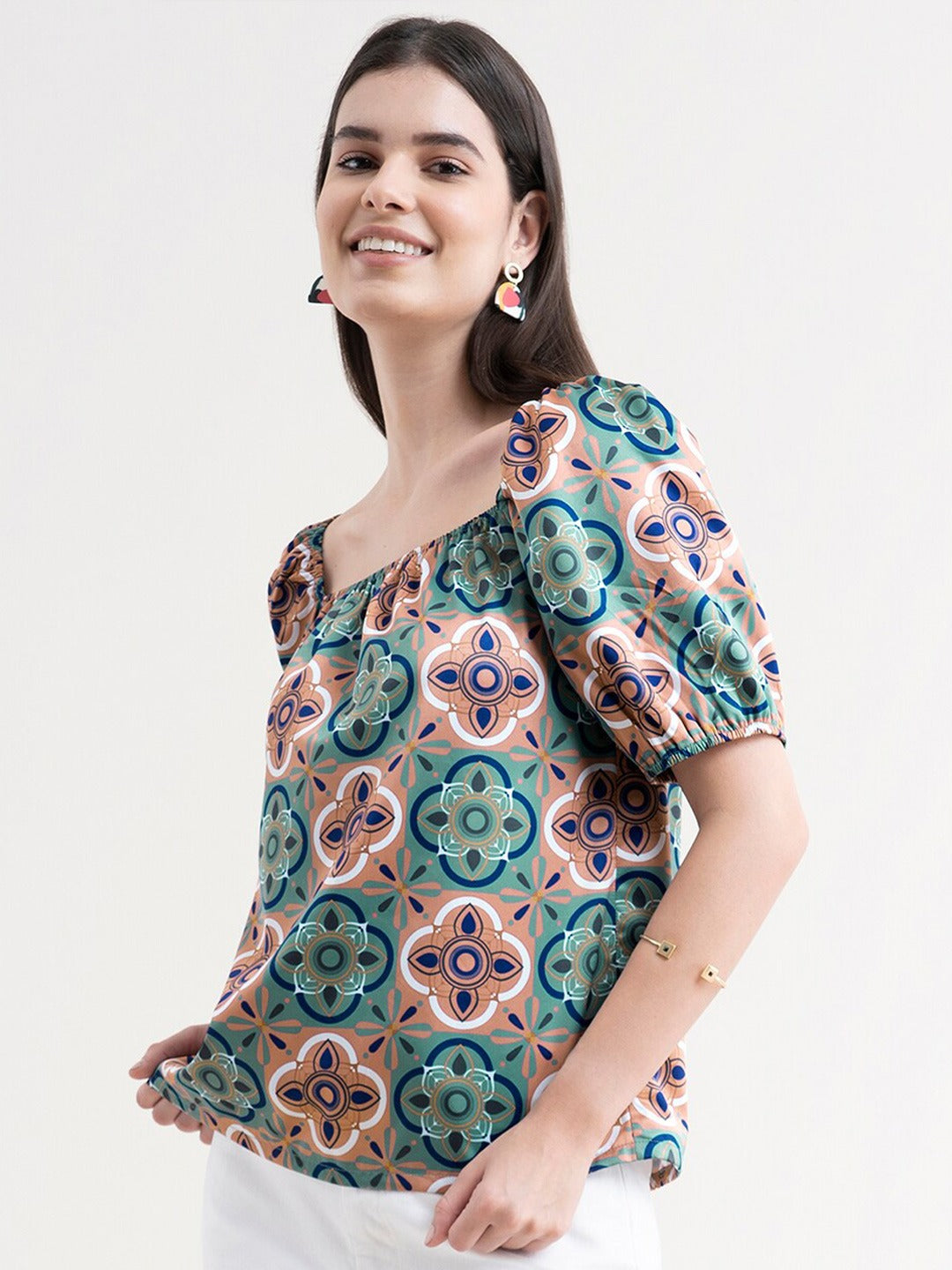 Green Floral Print Satin Top