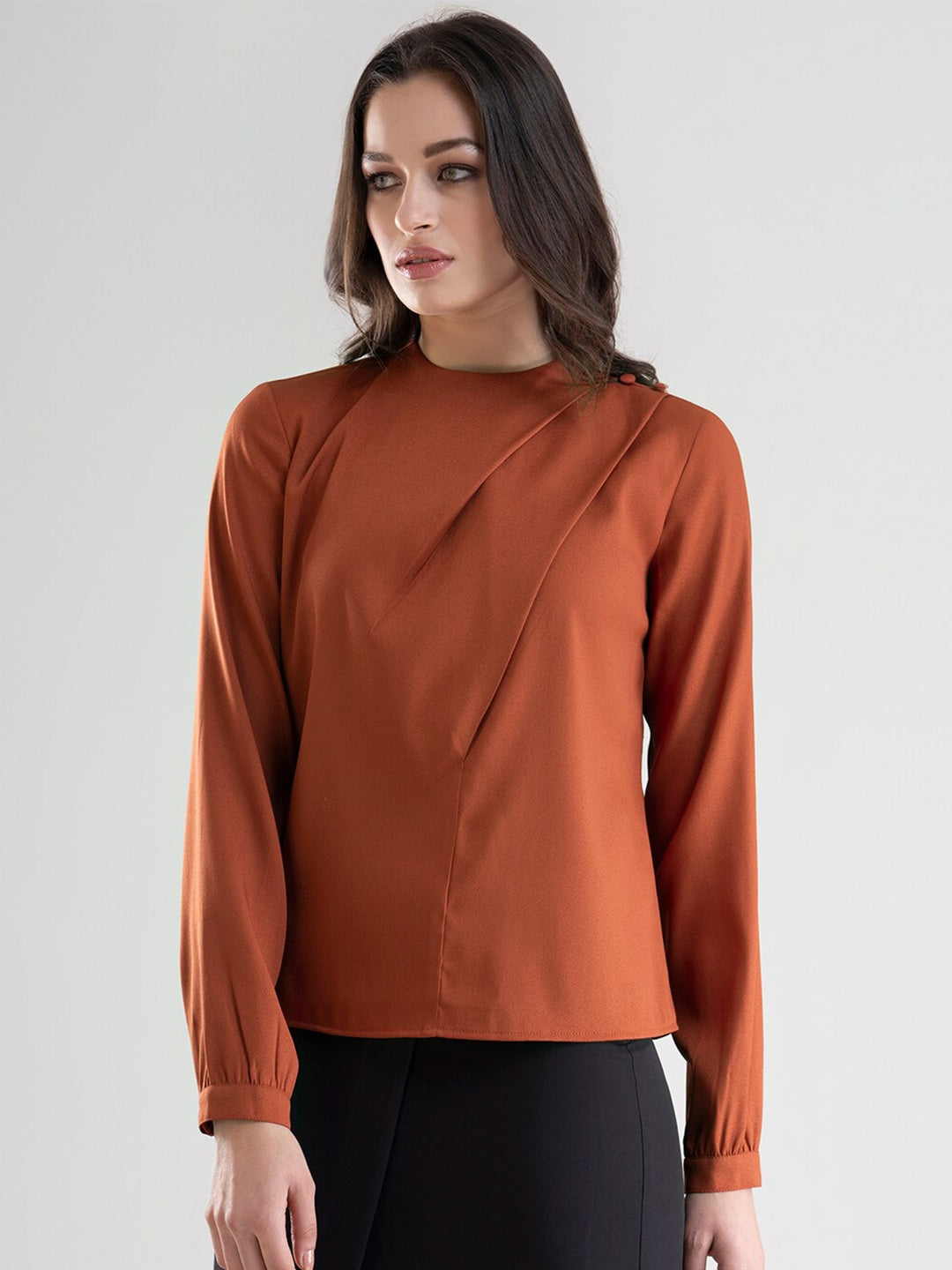 Women Rust Solid High Neck Top