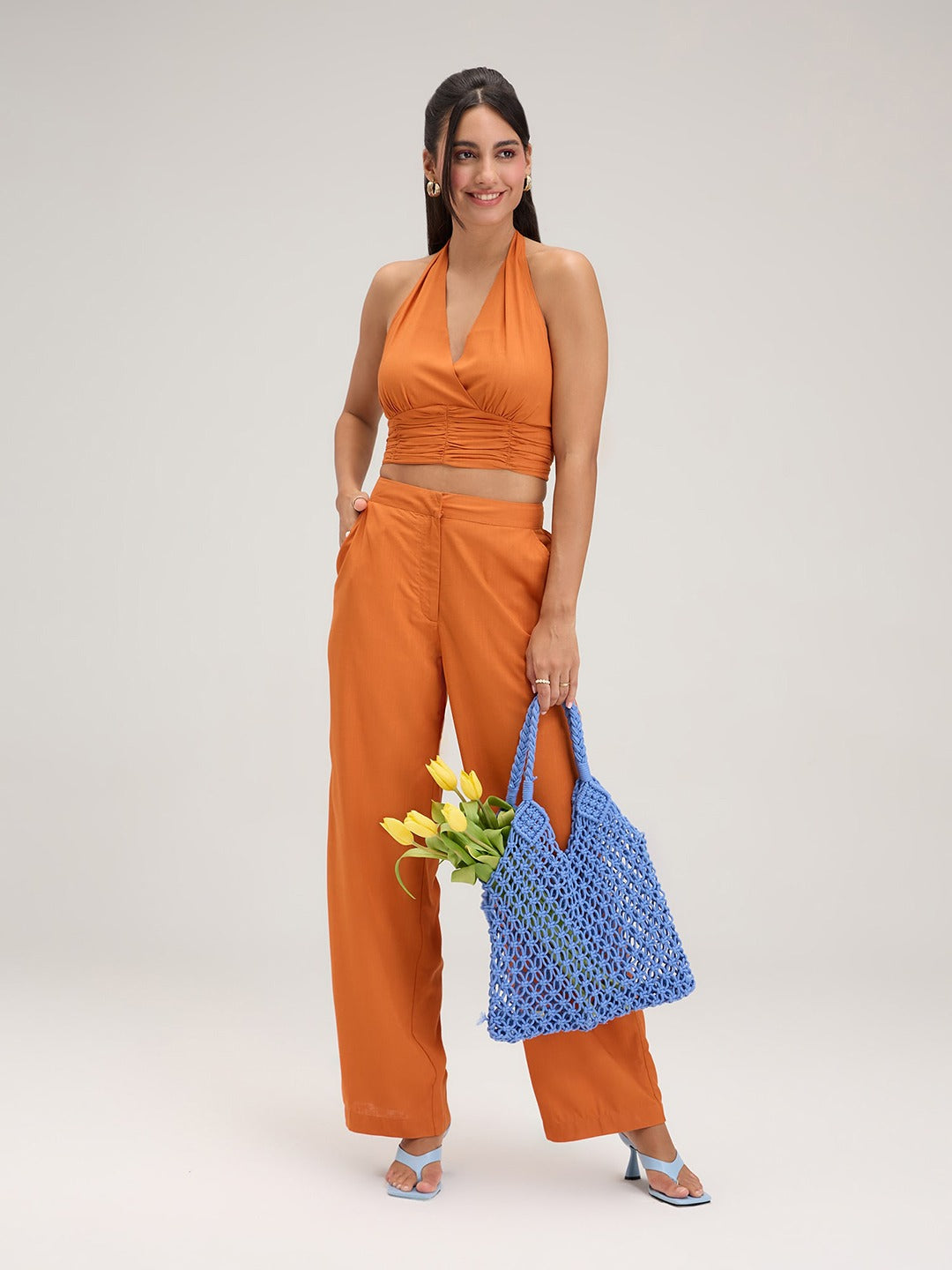 Orange Halter Neck Smocking Fitted Crop Top