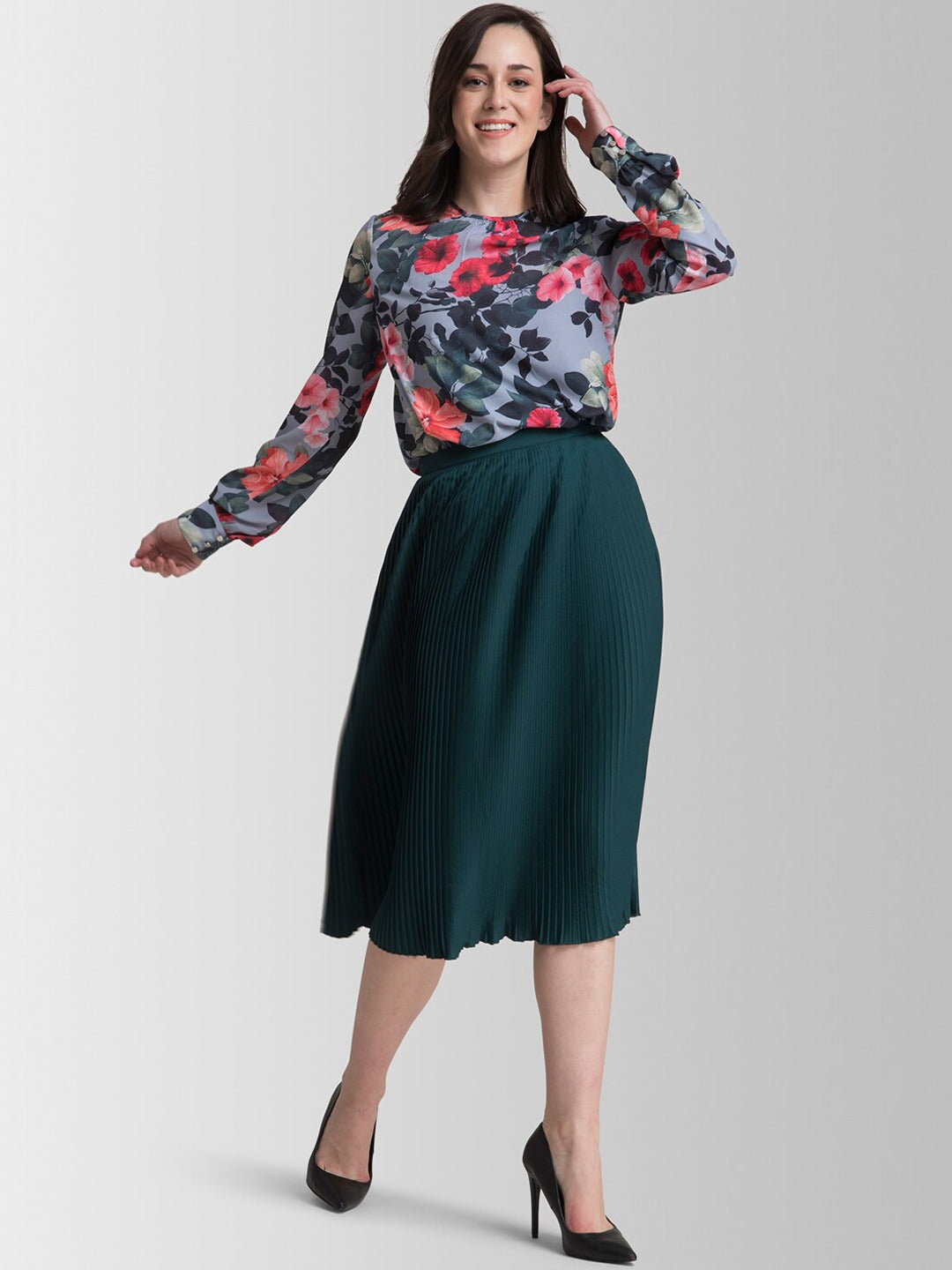 Grey Floral Printed Georgette Regular Top