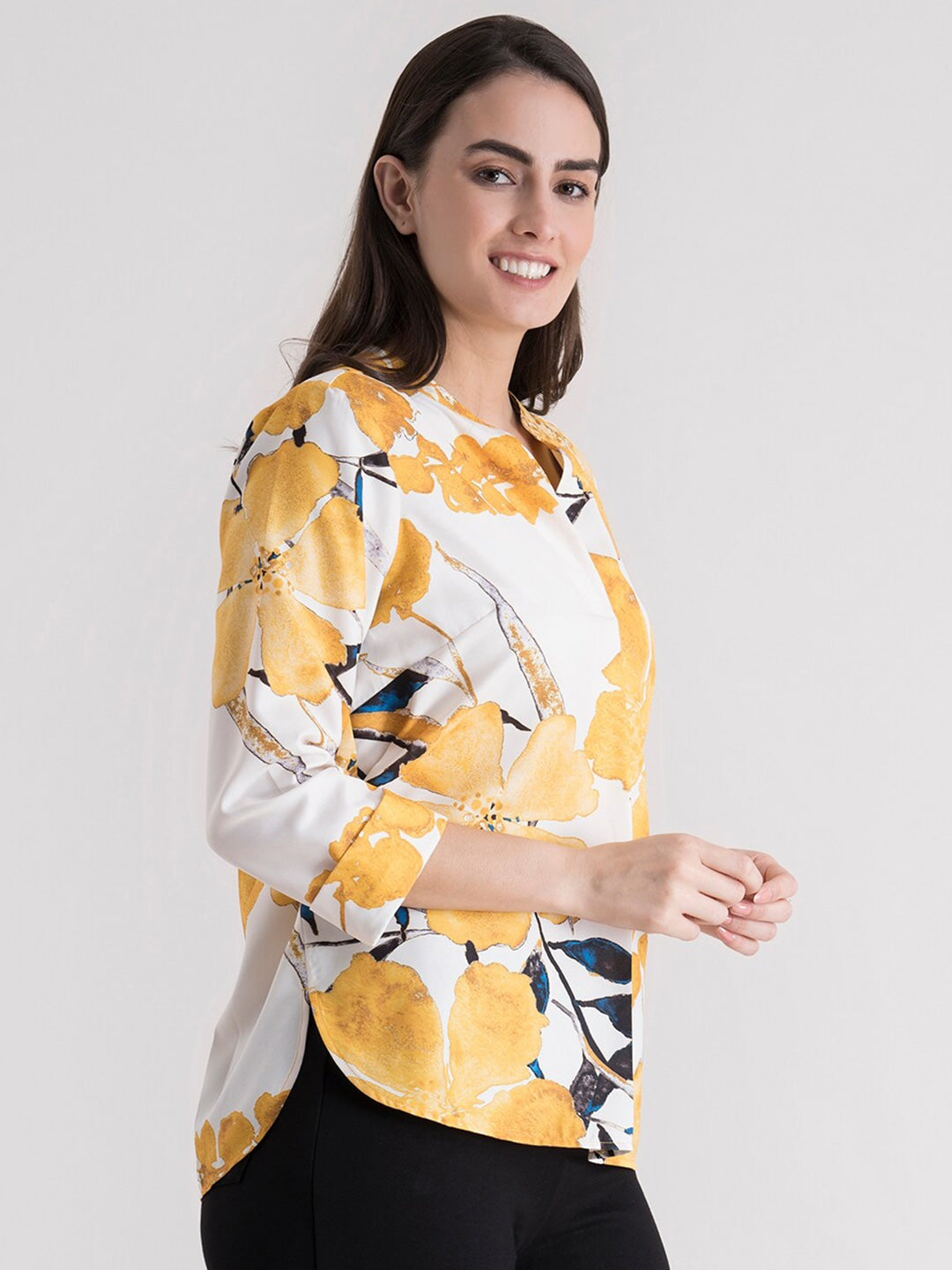 Mustard Yellow Floral Mandarin Collar Regular Top