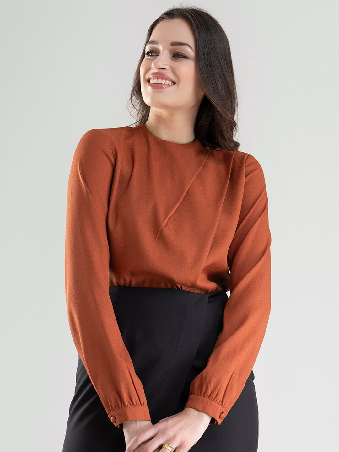 Women Rust Solid High Neck Top