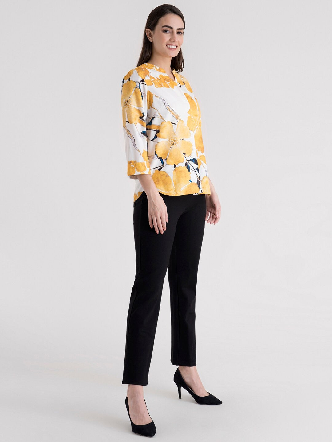 Mustard Yellow Floral Mandarin Collar Regular Top