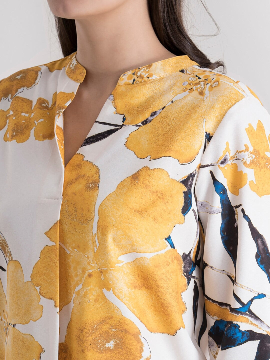 Mustard Yellow Floral Mandarin Collar Regular Top