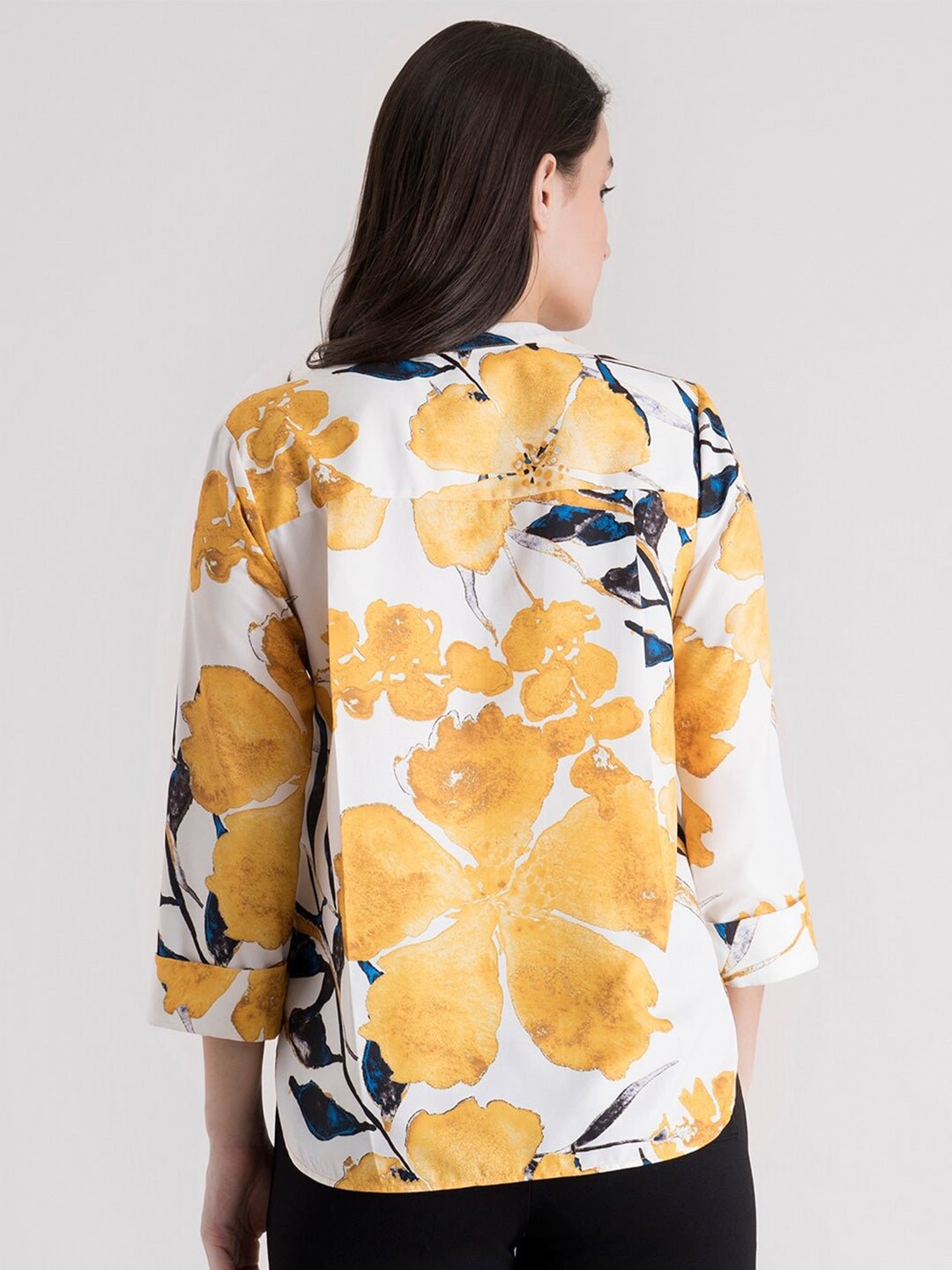 Mustard Yellow Floral Mandarin Collar Regular Top