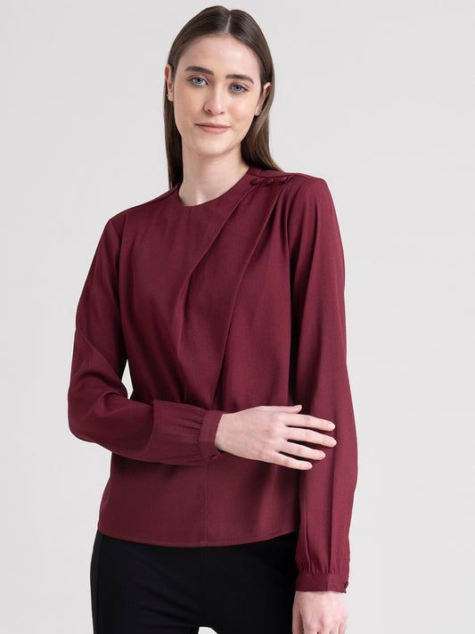 Maroon Crew Neck Button Top