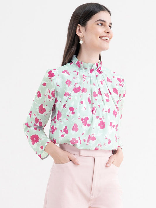 Women Green & Pink Floral Print Georgette Top
