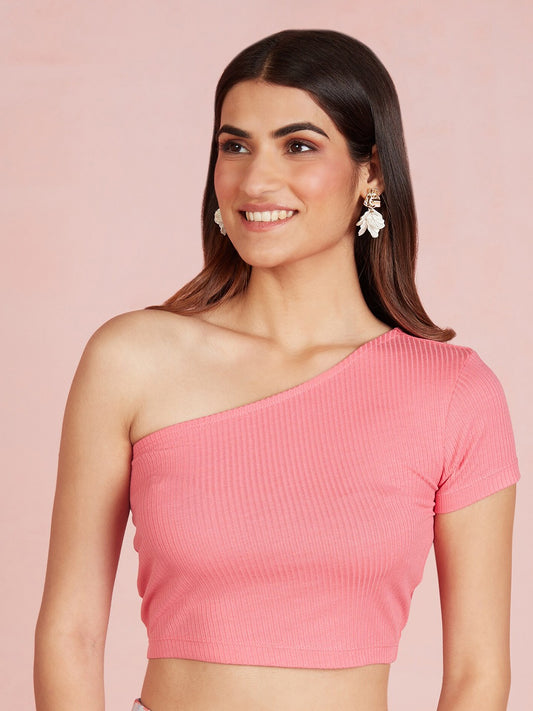 Pink One shoulder Ribbed Fitted Crop Top