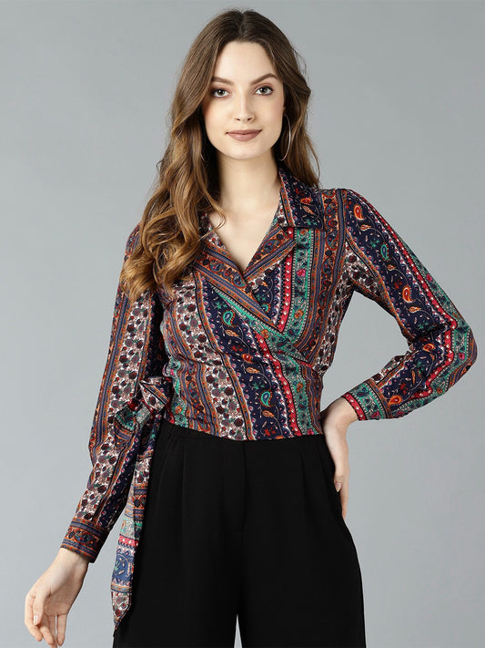 Multicoloured Tropical Print Crepe Wrap Top