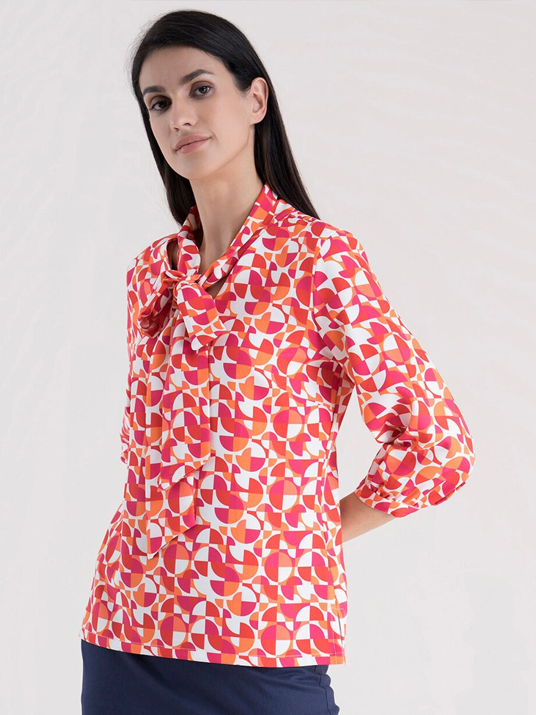 Orange & Red Geometric Print Tie-Up Neck Regular Top