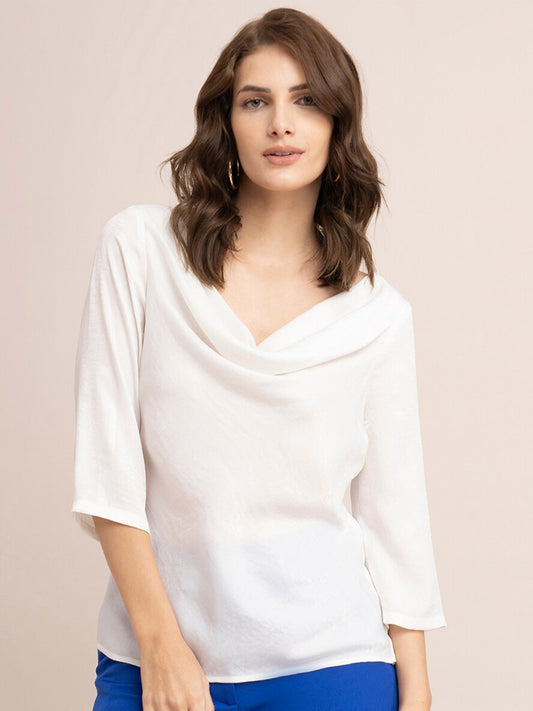 Women Off White Cowl Neck Satin Top