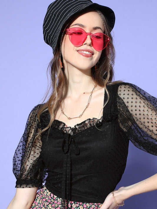 Women Stylish Black Self-Design Dobby Weave Top