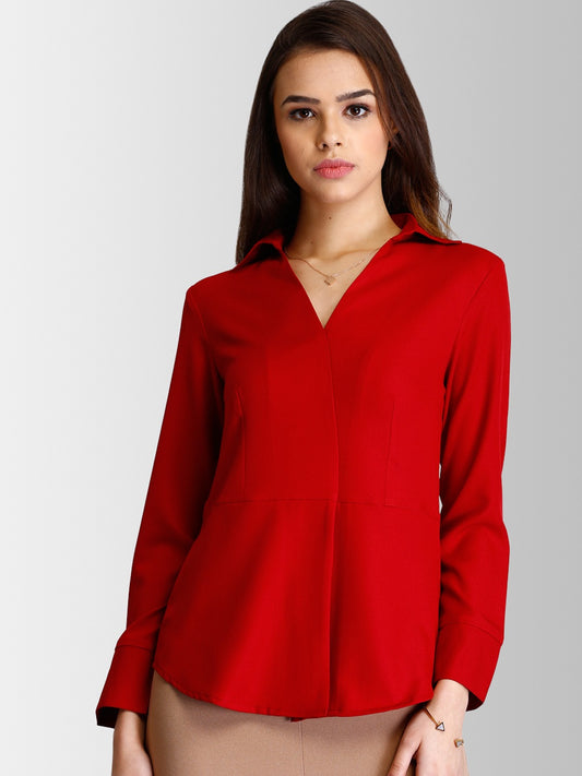 Red Pleated Shirt Collar Top