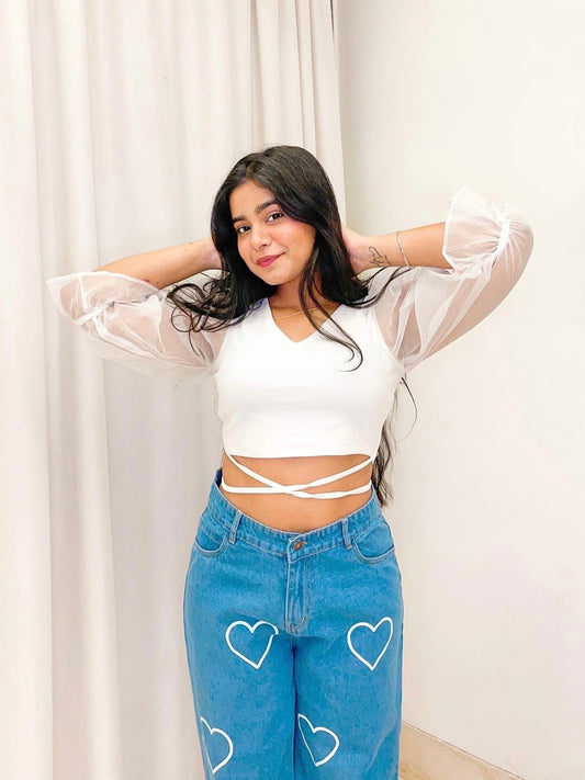 Women Classic White Self-Design Puff Sleeves Top