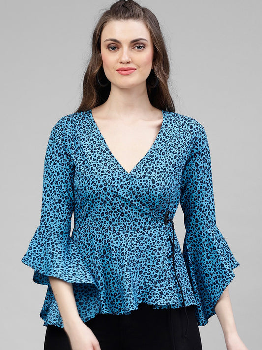 Women Blue Printed Wrap Top