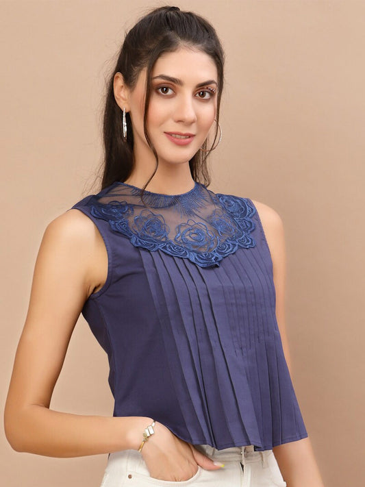Women Navy Blue Pintuck Top