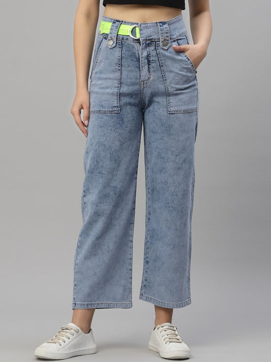 Women Blue Wide Leg High-Rise Heavy Fade Jeans