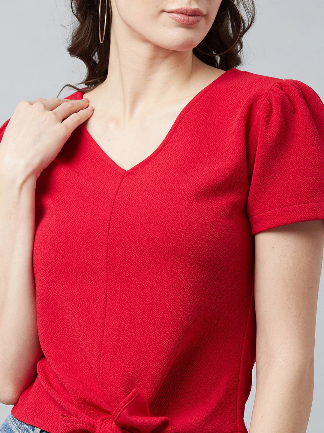 Red Knotted Top With Puff Sleeves