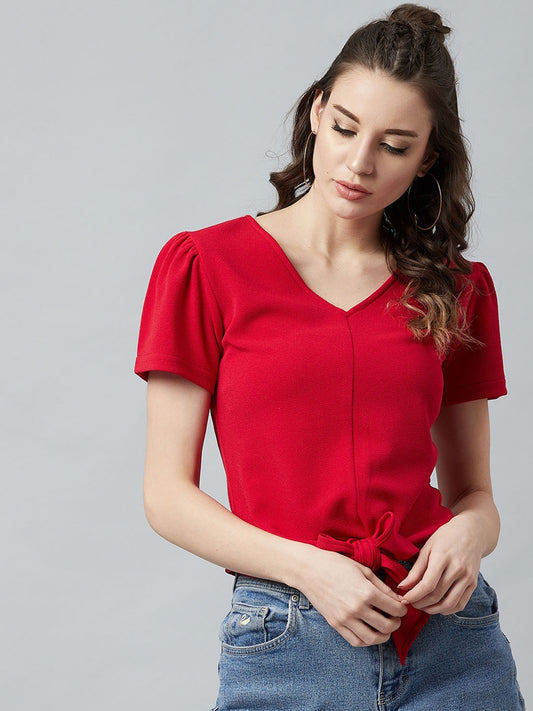 Red Knotted Top With Puff Sleeves