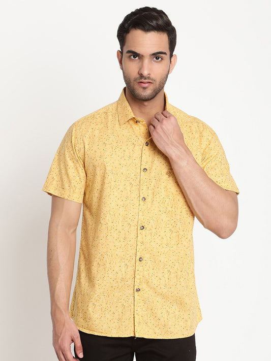 Men Yellow Original Semi Sheer Printed Casual Shirt