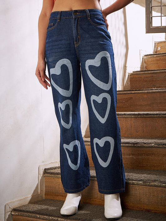 Women Blue Mid-Rise Straight Fit Clean Look Light Fade Heart Printed Jeans