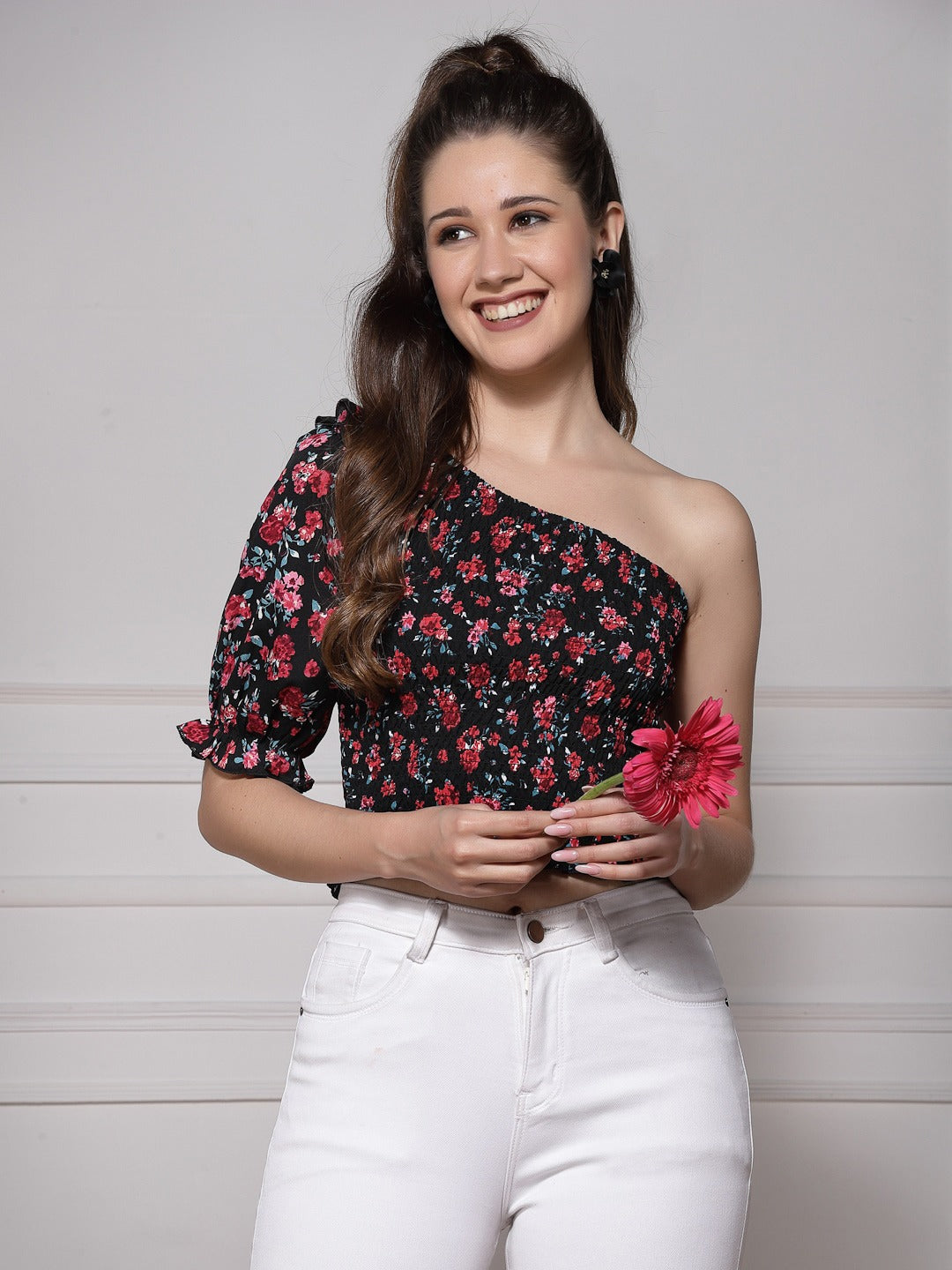 Floral Print One Shoulder Crepe Crop Top
