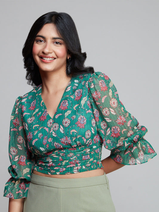 Floral Printed V-Neck Smocked Bell Sleeves Chiffon Crop Top