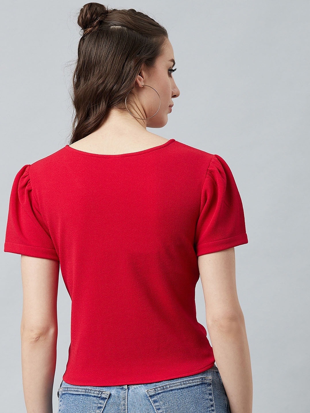 Red Knotted Top With Puff Sleeves