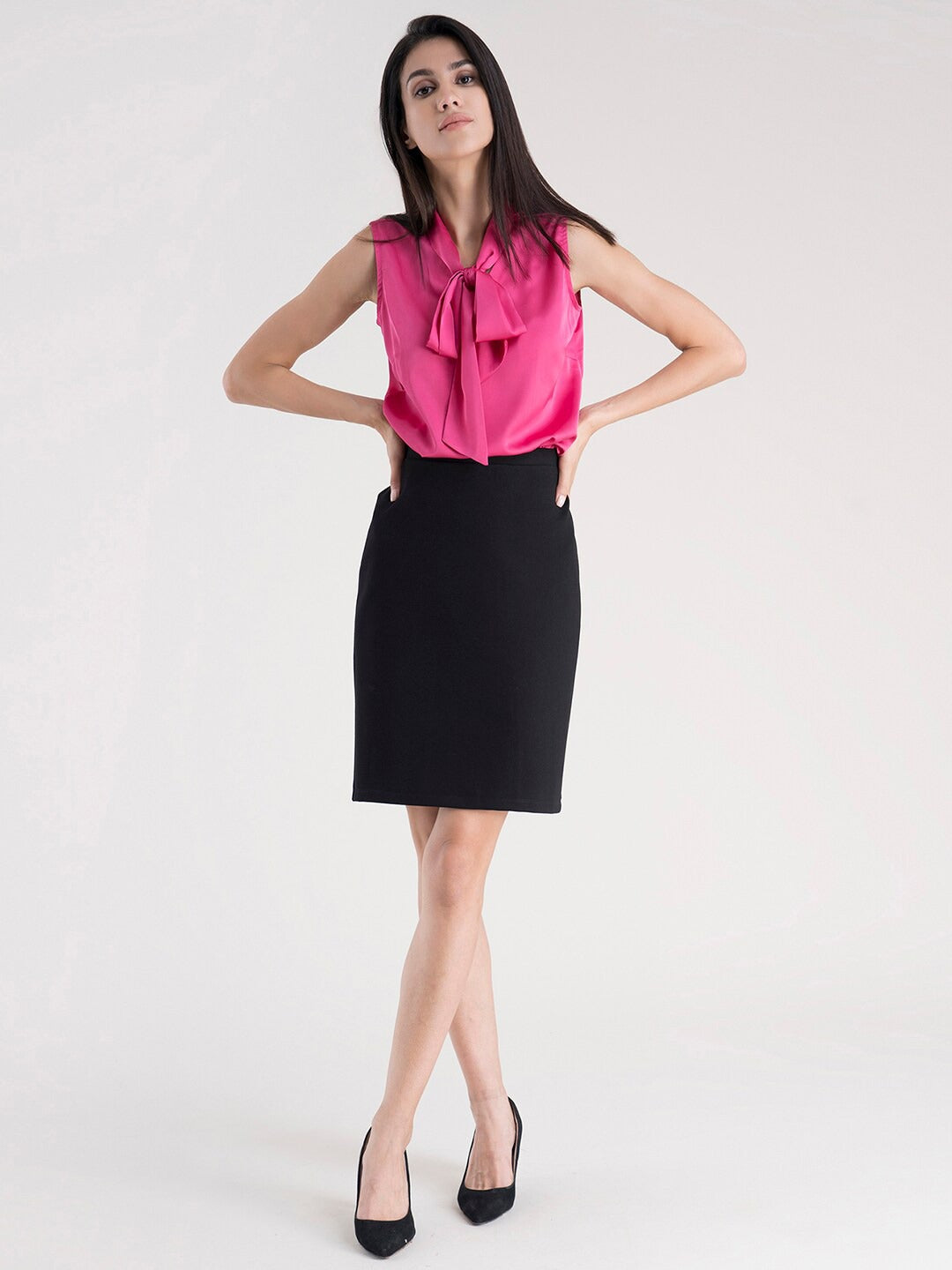 Fuchsia Tie-Up Neck Satin Regular Top