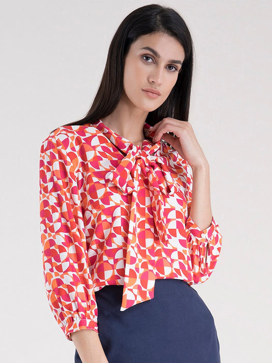 Orange & Red Geometric Print Tie-Up Neck Regular Top