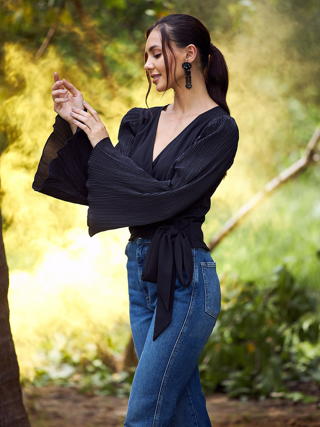 Black Accordion Pleats Flared Sleeves Wrap Top