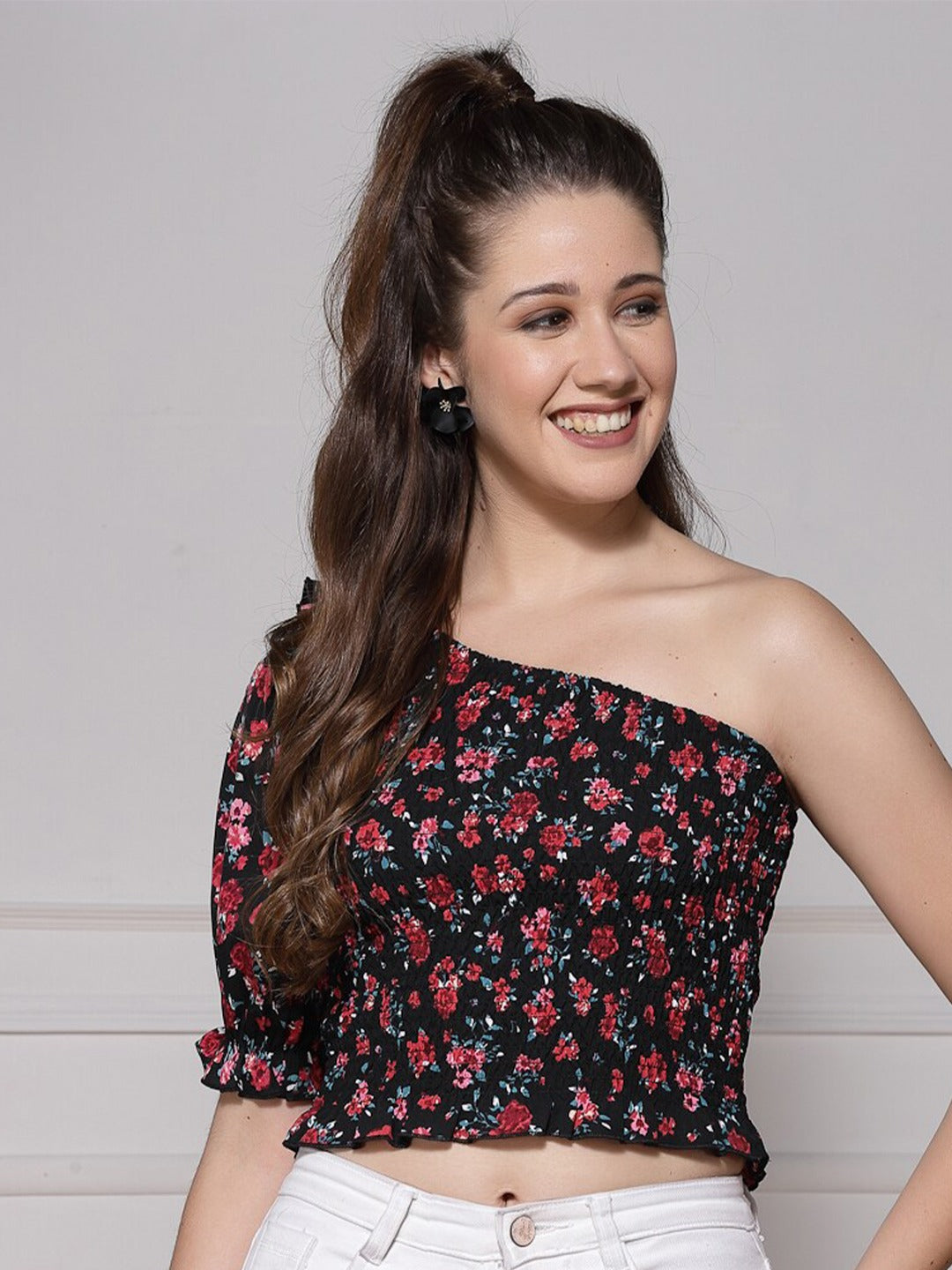Floral Print One Shoulder Crepe Crop Top