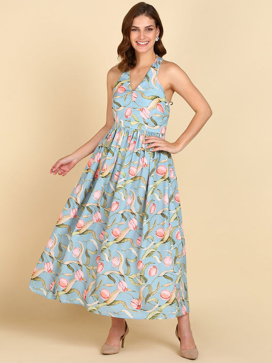 Halter Neck Floral Printed Crepe Fit And Flare Dress